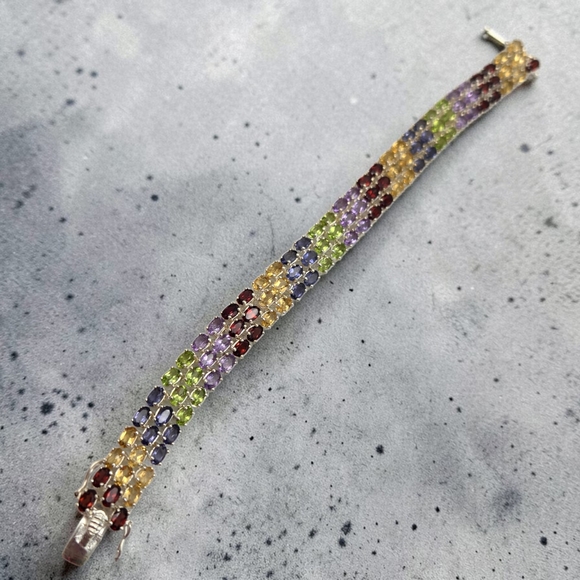 Sterling Silver 925 Rainbow Gemstone Tennis Bracelet Crown Mark 6.75” Estate - Picture 5 of 10